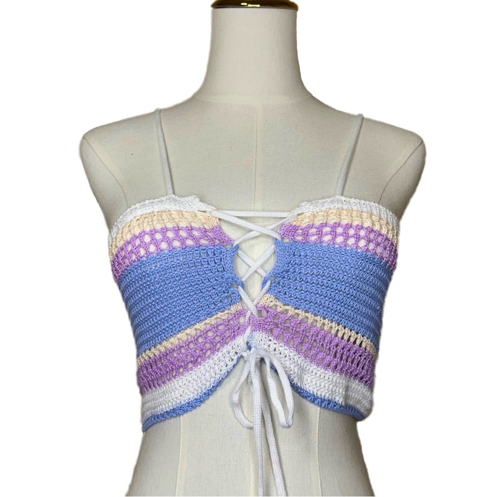 Colorful Crochet Lace-Up Crop Top